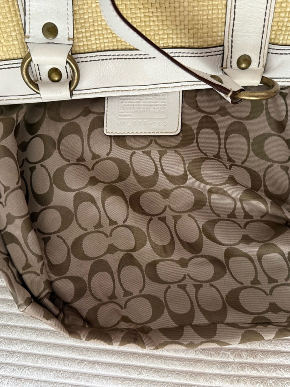 Vintage Coach Legacy Straw & Leather Tote White Brass Accents Y2K Coach 113 - Picture 10 of 10